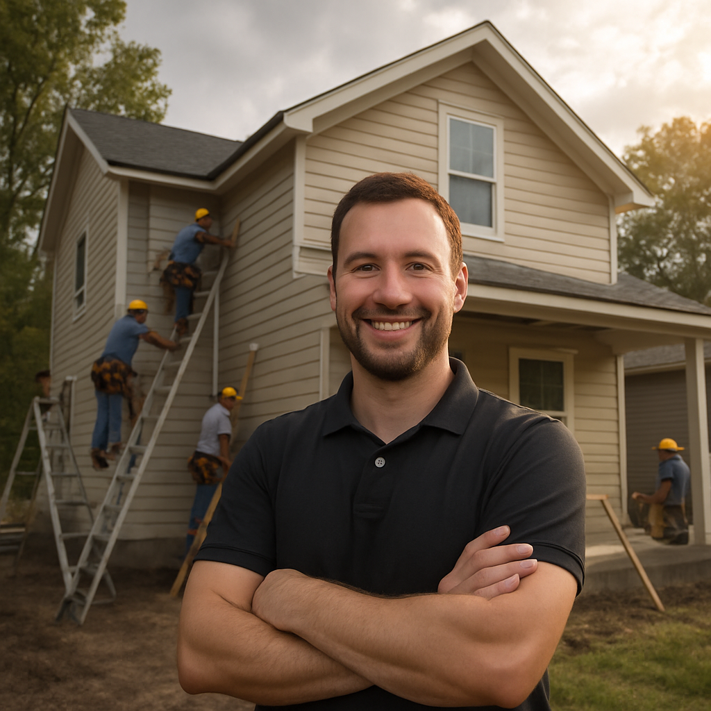 A man stand in front of a home He wears a black polo His arms are crossed and he is smiling In the blurred background a construction crew works hard t