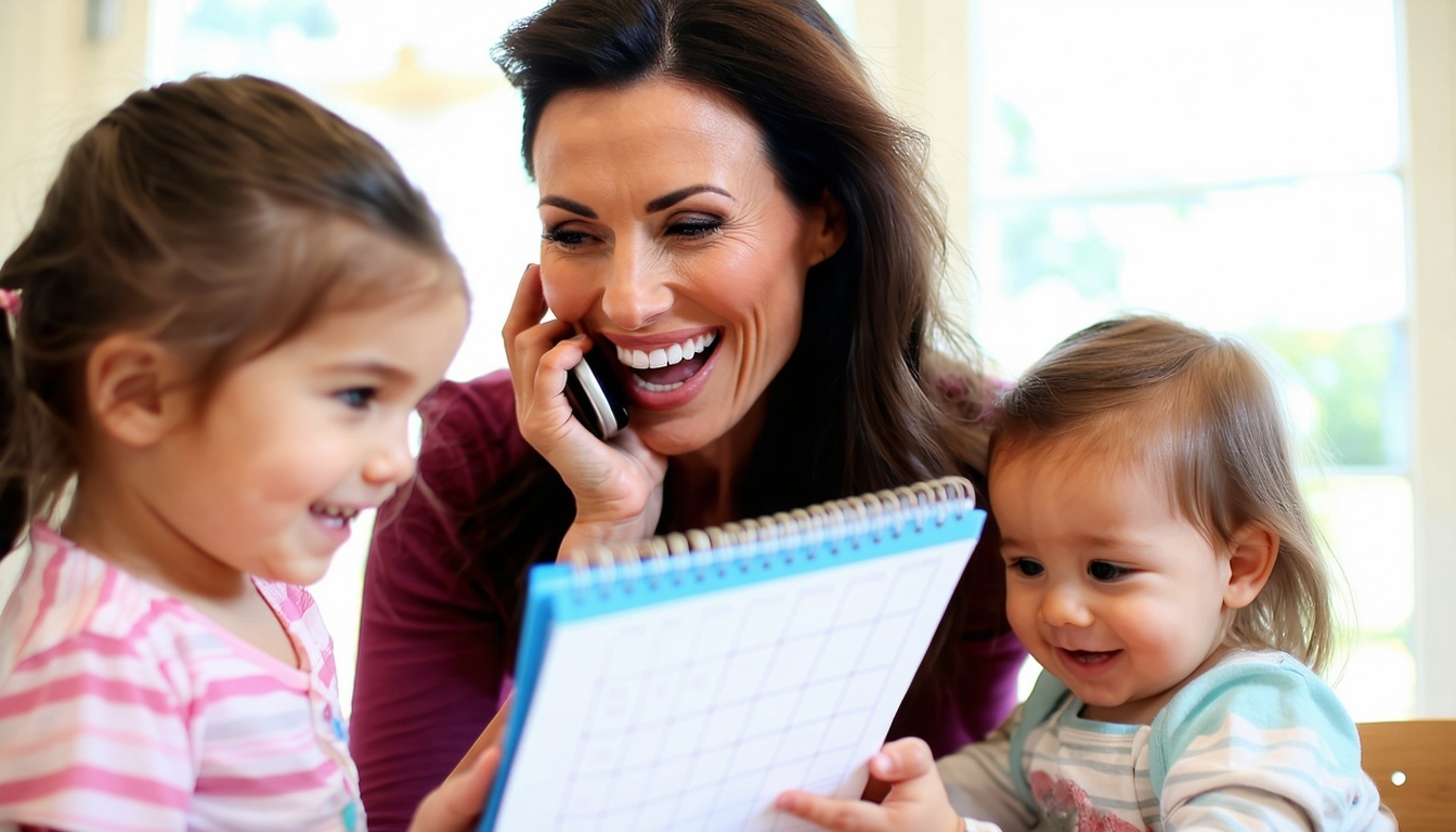 Beautiful and happy wife with children in the background looking at her schedule while on the phone1-1
