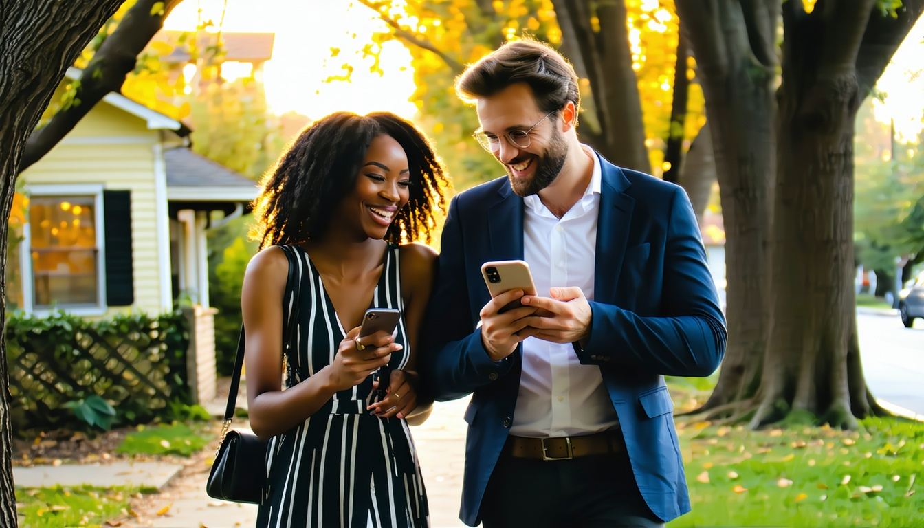 Happy wealthy couple on an iphone filling smiling at the phone while they walk through a beautiful neighborhood with mature trees at dusk