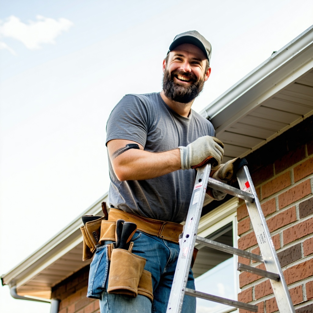 Image of a contractor with a beard smiling as he holds gutters that he is about to place on a single story brick ranchHe is on a ladder