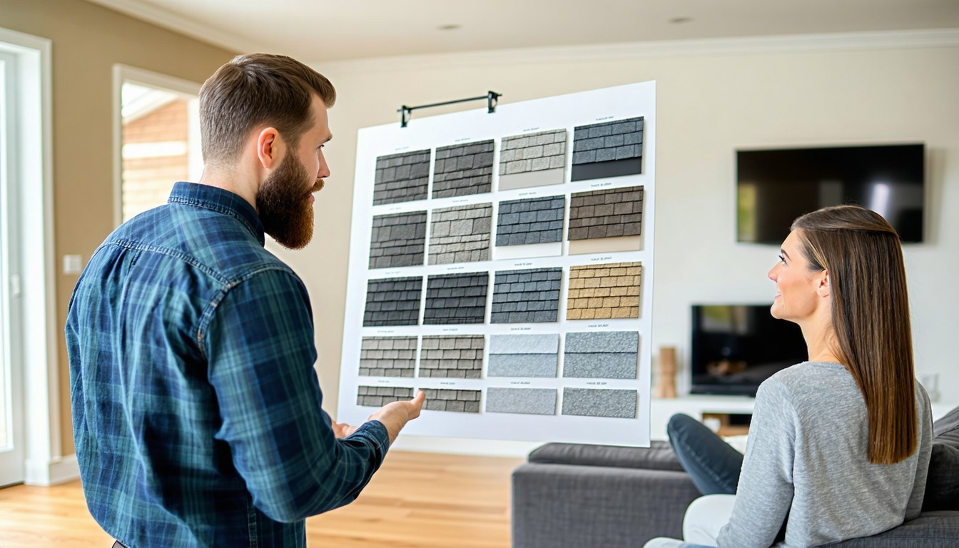 clean cut contractor with a beard and physically fit speaking presenting roof shingle options to a couple in their modern living room