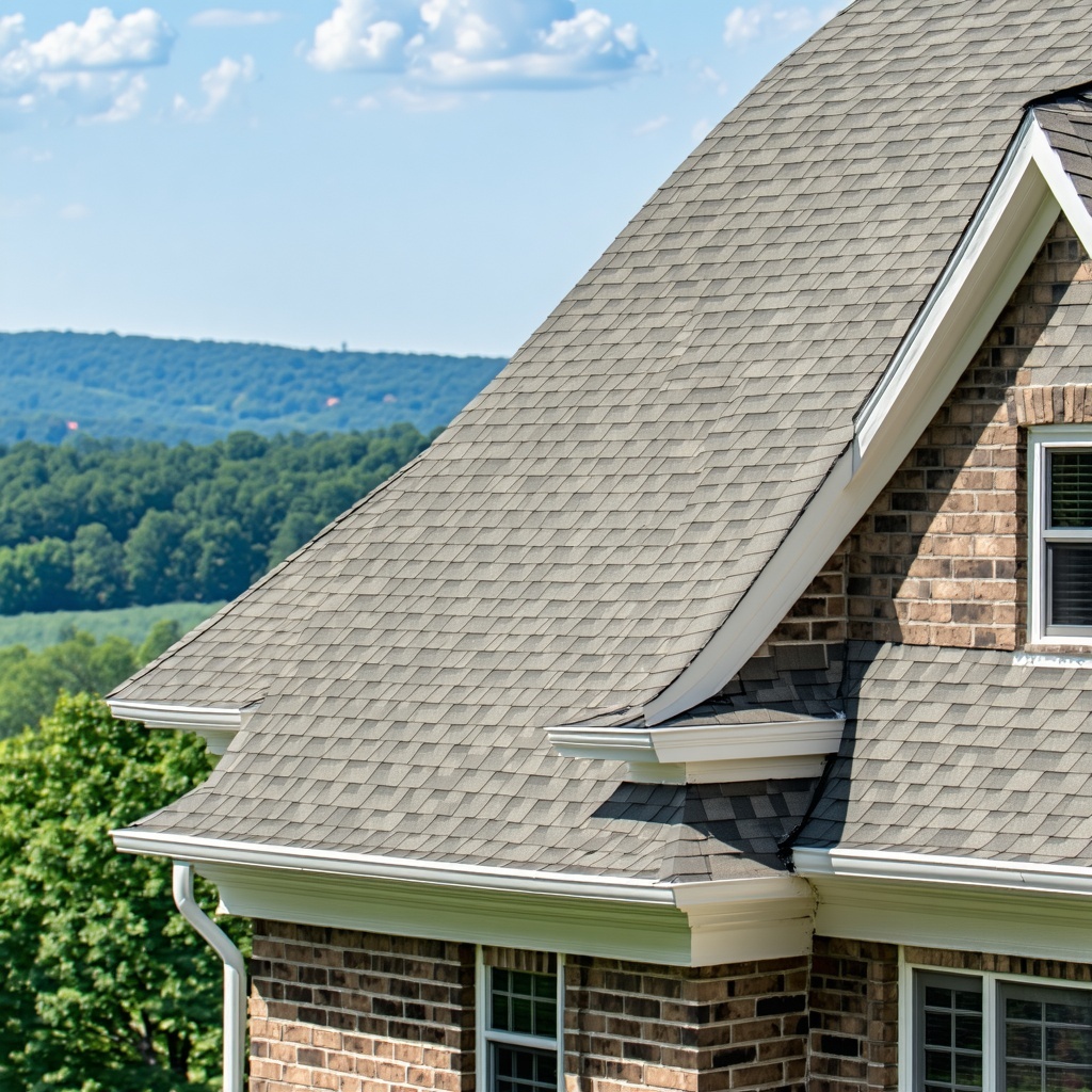 close up of architectural roofs on a brick home with rolling KY hills in the background-1