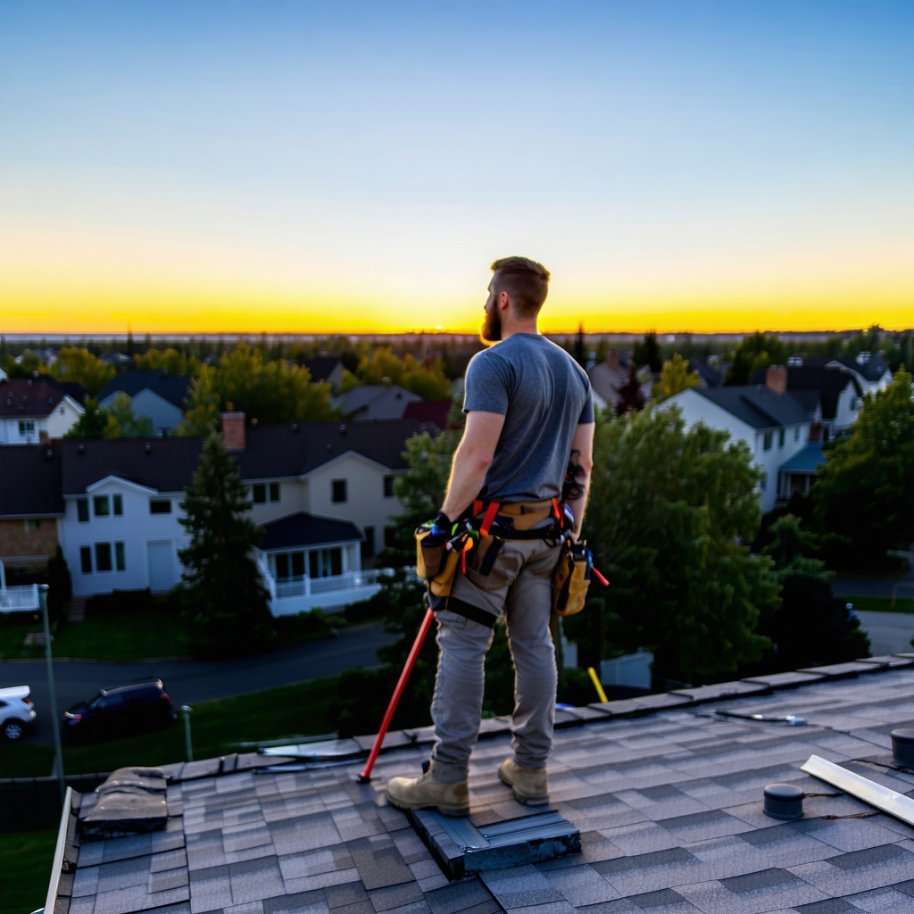 picture of a roofer standing on top of a roof looking at the horizon of future homes as the sun sets one a perfect day Roofer is rugged but clean cut with a beard