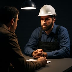 Homeowner questioning a roofer in a dramatic, detective-style setting—symbolizing the importance of asking the right questions before hiring a contractor in Lexington, KY.