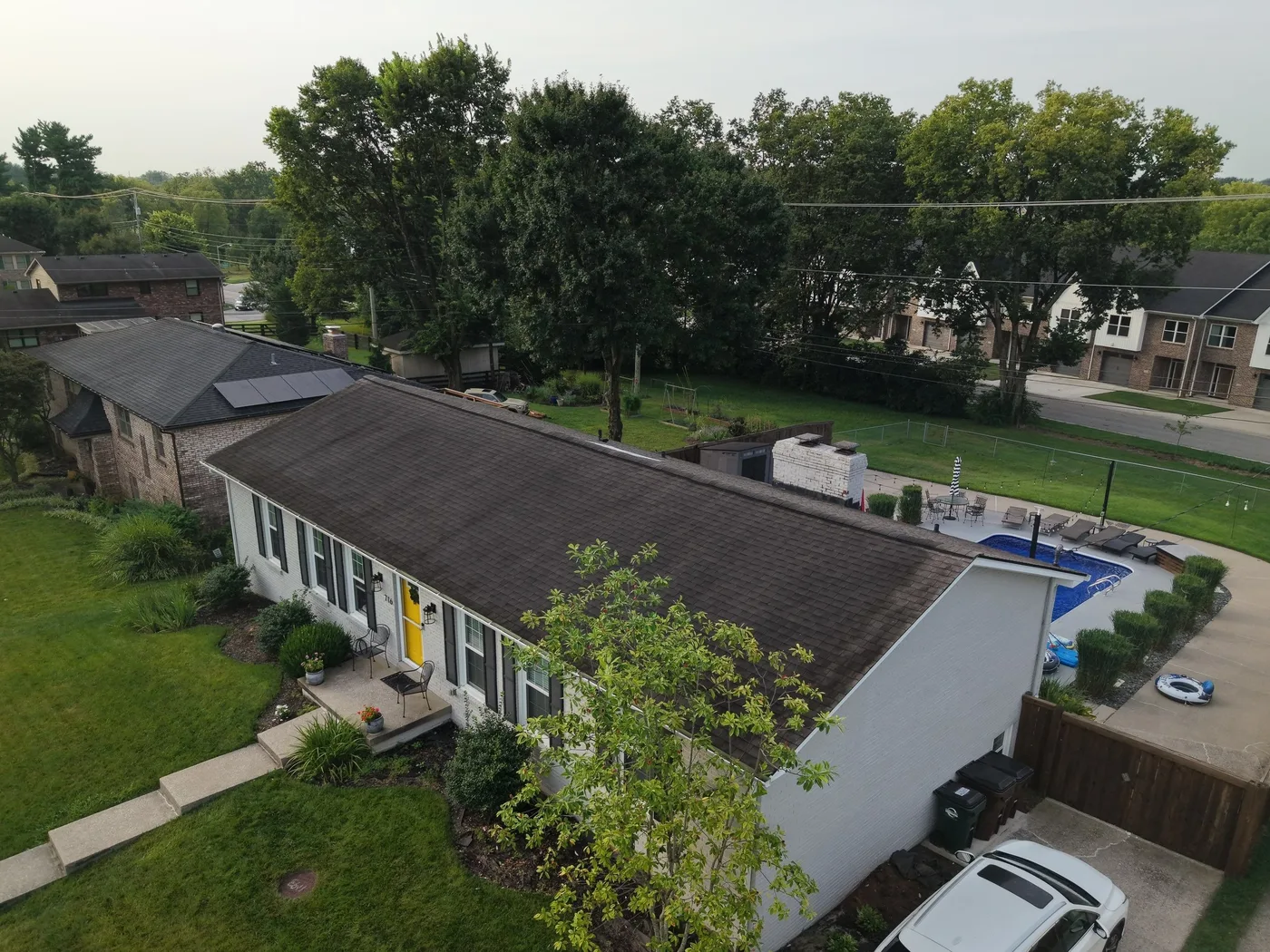 Aerial view of the ranch roof before replacement