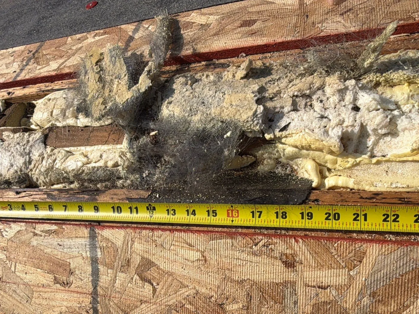 Spray foam visible at the edge of the old roof deck, with a tape measure