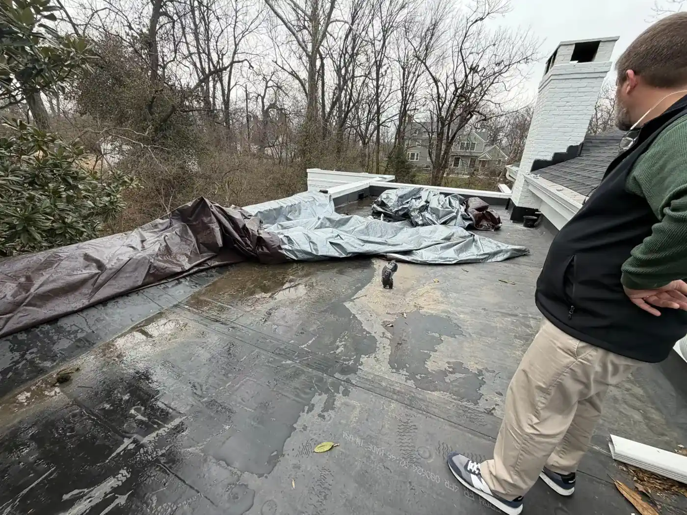 Old flat roof section with failing membrane